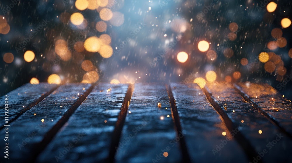 Poster rustic wooden table top with warm bokeh lights and snowfall effect.