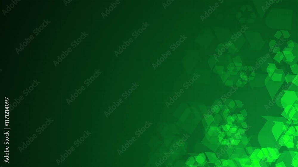 Poster green recycle symbol shapes are moving from the bottom right of a gradient grid abstract background,