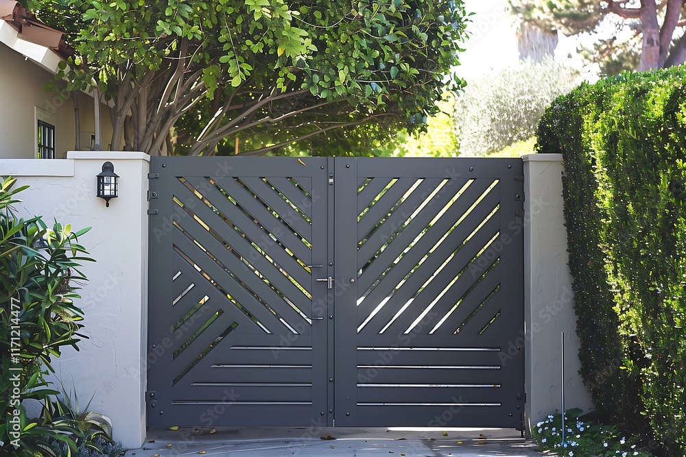 Poster a sleek gray metal gate with a diagonal slat pattern and no visible hardware