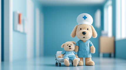 cute plush nurse dog stands beside smaller plush toy in hospital setting, showcasing caring atmosphere. blue tones enhance comforting environment