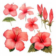 This stunning image features a set of six pink hibiscus flowers, accompanied by vibrant green buds and leaves, all elegantly isolated on a clean white background, perfect for various design projects.
