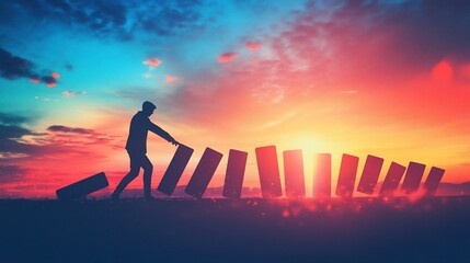 A silhouette of a person pushing a large block, creating a domino effect against a vibrant sunset.