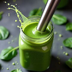 Green Smoothie Splash. Vibrant green smoothie with dynamic splash captured in mason jar with metal straw and spinach leaves.
