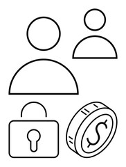 Outlined human figures, secure lock, and coin with a dollar sign. Ideal for financial security, identity protection, user authentication, privacy concepts, data access, online banking abstract line