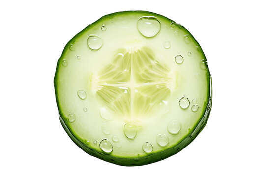 Piece of cucumber in drops of water isolated on a transparent background.