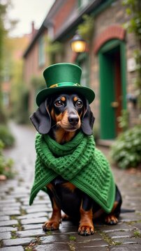 Adorable dachshund in green hat and cape on cobbled street celebrating festive occasion