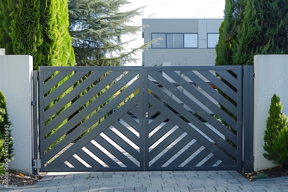 Poster a sleek gray metal gate with a diagonal slat pattern and no visible hardware
