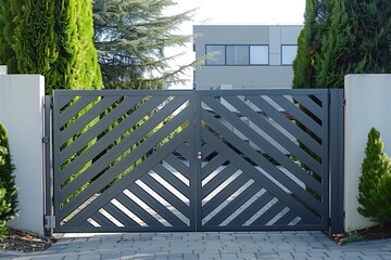 A sleek gray metal gate with a diagonal slat pattern and no visible hardware