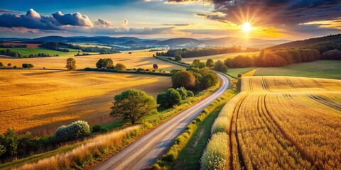 Obraz premium Vintage Country Road: Idyllic Rural Landscape, Sunlit Fields, Pastoral Scene