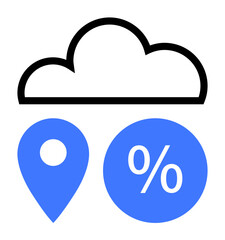 Cloud outline, blue location pin, blue percentage symbol. Ideal for data storage, cloud computing, analytics, location tracking, financial metrics data insights technology. Simple abstract line