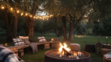 Set up a cozy fire pit surrounded by rustic seating, like wooden benches with soft plaid blankets and cushions. Add fairy lights strung in nearby trees to create a warm ambiance. 