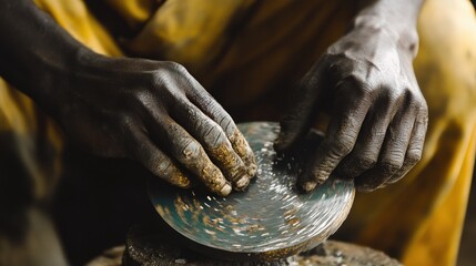 A close-up of hands shaping a circular object, showcasing craftsmanship and skill.