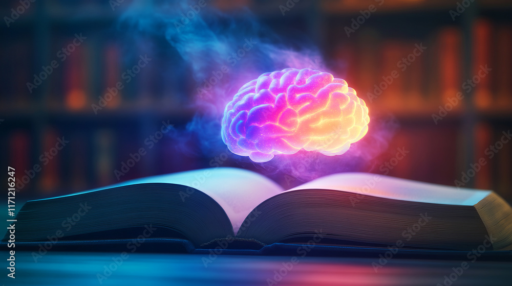Aufkleber open book with glowing brain above and abstract light effects in library background
