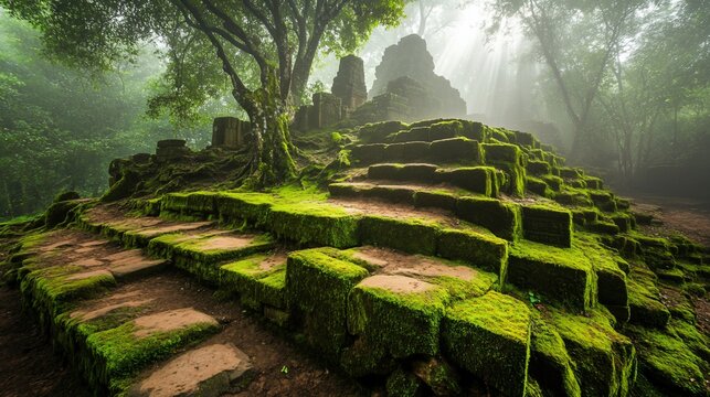 Mossy stone steps, ancient temple ruins in misty jungle