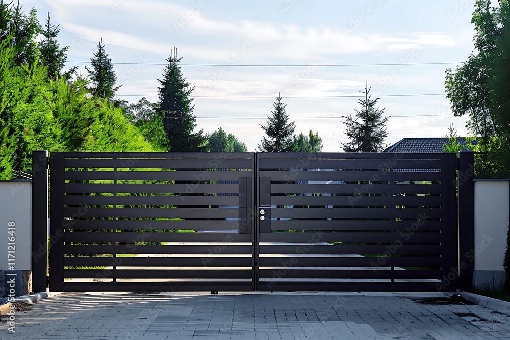 Poster a sleek gray metal gate with a diagonal slat pattern and no visible hardware