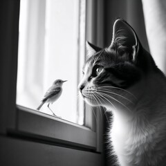 Cat and bird near a window in black and white

