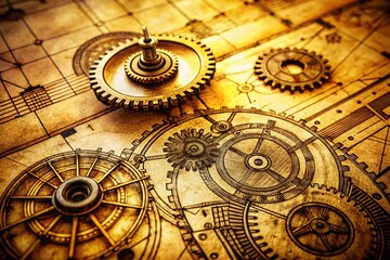 Fototapeta premium Vintage Engineering Drawings: Detailed Blueprint Sketches on Aged Paper