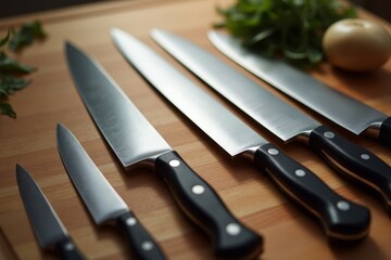 Professional knife collection. Close-up of premium kitchen knives with black handles arranged on wooden cutting board.