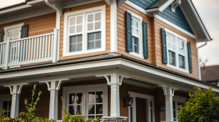 Fototapeta premium Two-Story House with Brown Siding, White Trim, and Porch