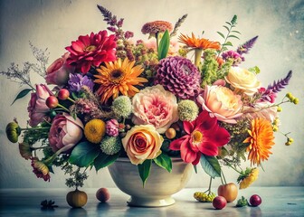 Obraz premium Vintage Floral Arrangement: Mixed Flowers, Organic Textures & Colors Isolated on White