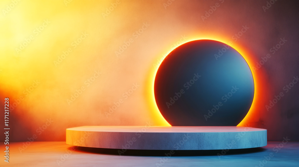 Poster minimalistic scene with semi-transparent sphere and colorful gradient background