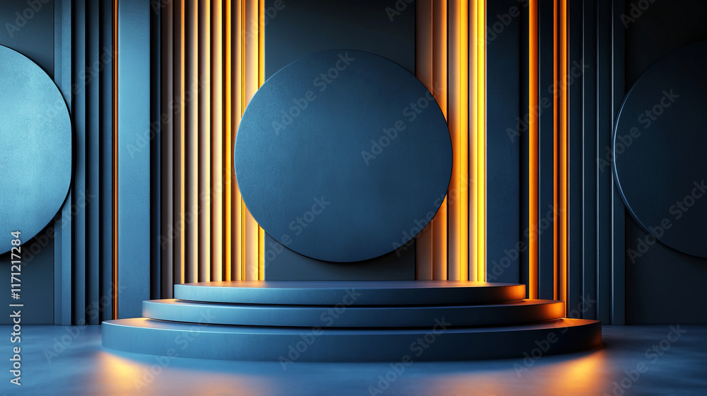 Poster modern stage with circular panels and illuminated vertical lines in a dark environment