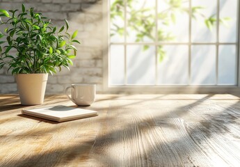 Cozy and Bright Indoor Scene with a Potted Plant, a White Cup of Coffee, and a Notepad on a Wooden Table Bathed in Soft Morning Light