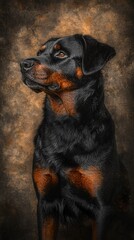 Obraz premium Majestic Rottweiler dog portrait against a textured brown background.