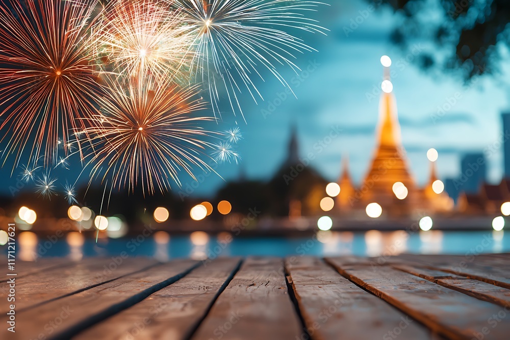 Poster vibrant and colorful fireworks explosions in the night sky illuminating the stunning architecture of