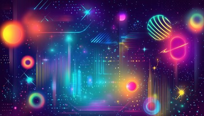 Vibrant Holographic Neon Shapes: Retrofuturistic Posters For Music Event In Vaporwave/Synthwave Style Of The 80s-90s