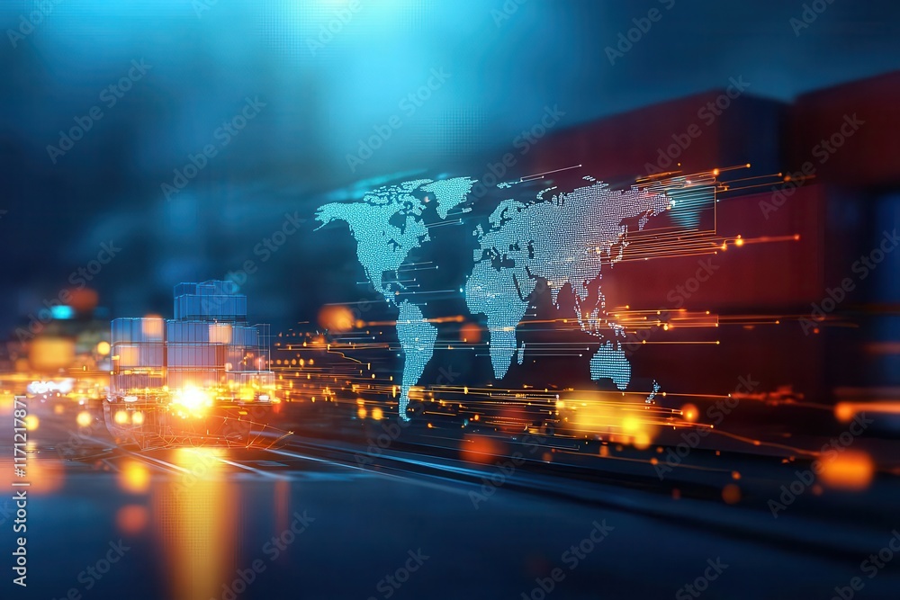 Poster global trade visualization digital map real-time data urban environment dynamic perspective innovati