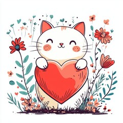 Cute cat with red heart for Valentine’s Day greeting card design