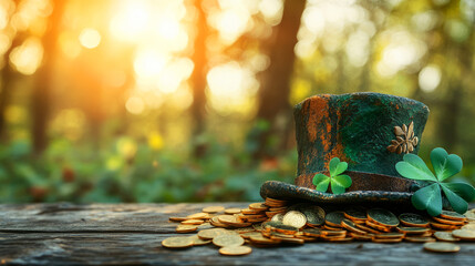 Green Hat Decorated with Clover Leaves and Gold Coins on Wooden Table in Forest Background