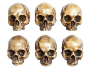 Collection of six decorative skulls displayed