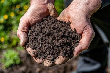 Hands holding rich, dark soil, symbolizing gardening or environmental care.