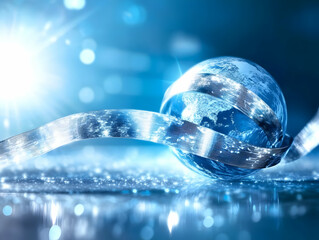 Global celebration, festive ribbon around Earth, sparkling background; ideal for holiday greetings or environmental themes