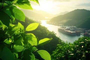 Trade routes and lush greenery in a vibrant port city serene river environment aerial viewpoint commerce and nature intertwined