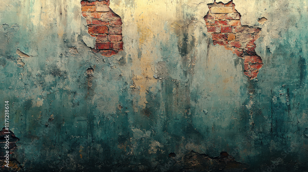 Poster vintage grunge texture wall featuring peeling paint and exposed bricks, creating rustic and weathere