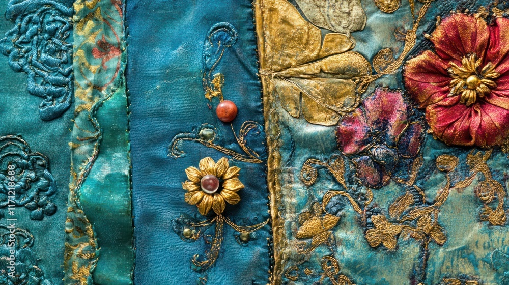 Poster a close-up of intricate textile art featuring vibrant colors and decorative elements.