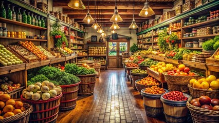 Fototapeta premium Vintage Grocery Store: Diverse Produce & Packaged Goods Display
