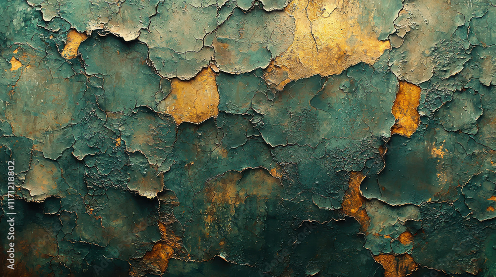 Poster textured wall with peeling paint in shades of teal and gold, showcasing vintage and grunge aesthetic