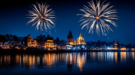 Naklejka premium India, Diwali fireworks over riverfront temples, night celebration, tourism.