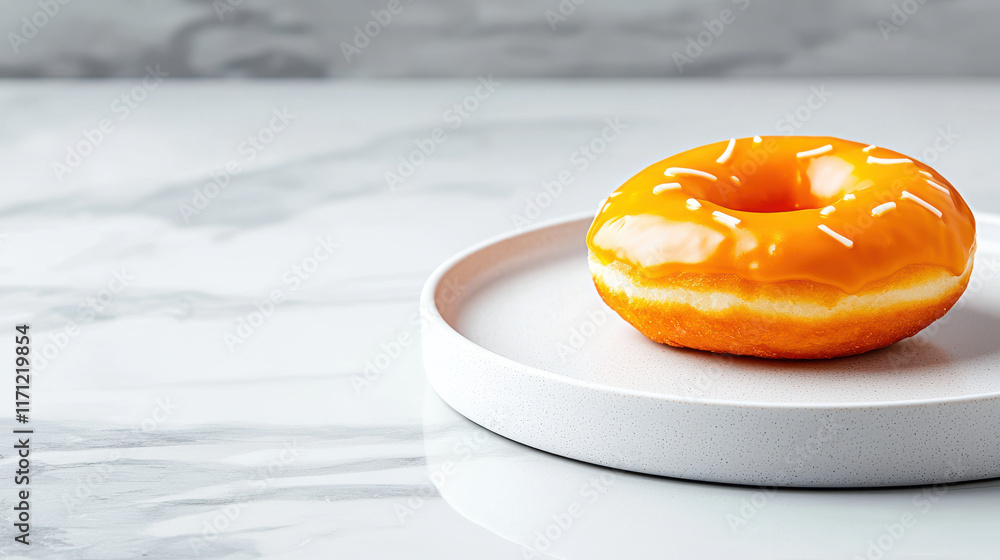 Poster minimalist presentation of single gourmet donut with orange glaze and white sprinkles on round plate
