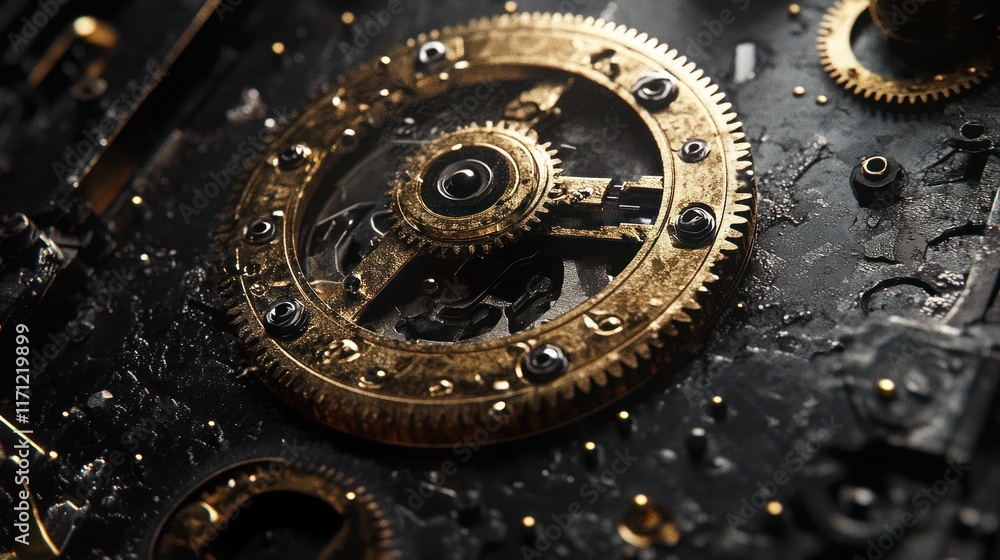 Poster detailed close-up of intricate clockwork gears and mechanism. dark, metallic backdrop with golden ge