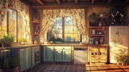 Obraz premium Cozy Rustic Kitchen with Sunlight and Floral Curtains in Autumn