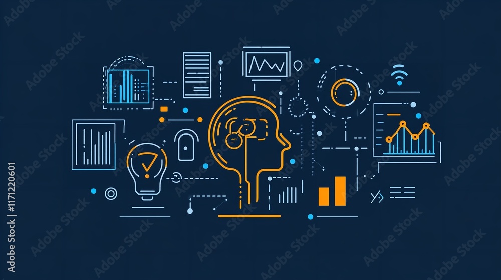 Poster computer screen with brain and shopping carts. abstract background. technology concept.