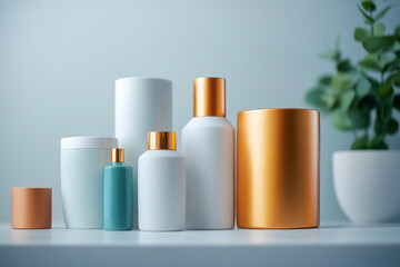 Fototapeta premium Minimalist Arrangement of Beauty Products on a Soft Blue Background in a Modern Setting