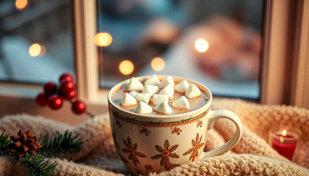Minimalist hot cocoa drink with marshmallows on top in a cute mocca cup