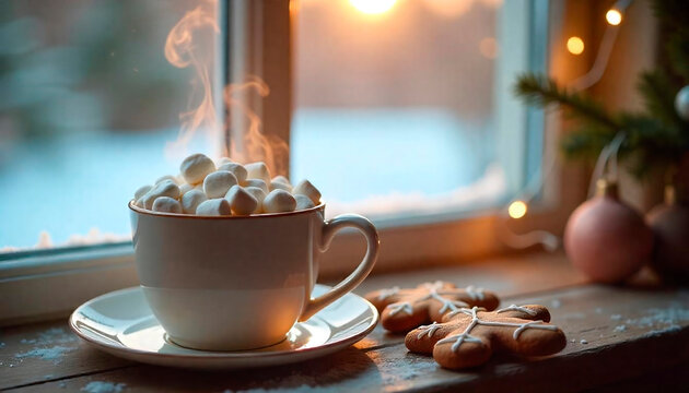Minimalist hot cocoa drink with marshmallows on top in a cute mocca cup - Powered by Adobe
