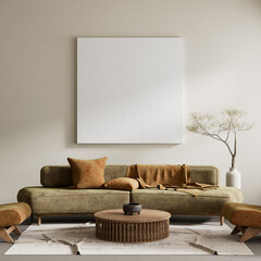 Japandi style interior design with wooden furnitures and raw materials. Mocuk up poster frame in  Japandi style interior. 3D illustration